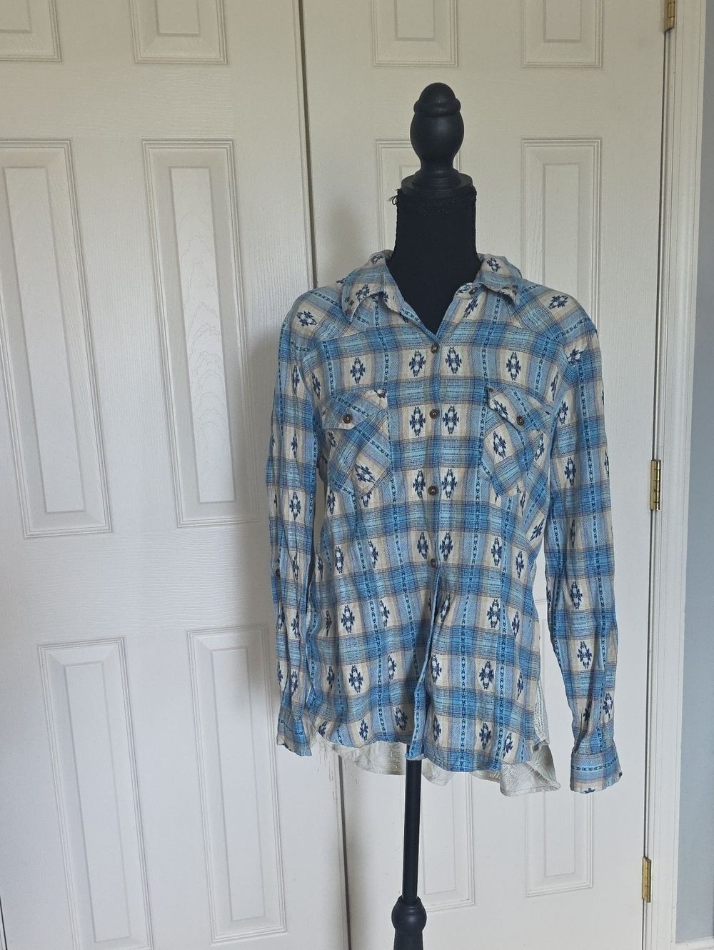 Angie Blue and White Plaid Casual Button-Down Shirt
